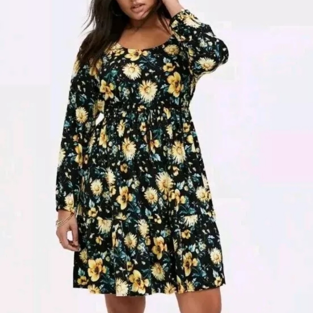 Torrid Fairy Tiered Mini Dress Woman Plus 3X Cottage Black Floral Ruffle Hem